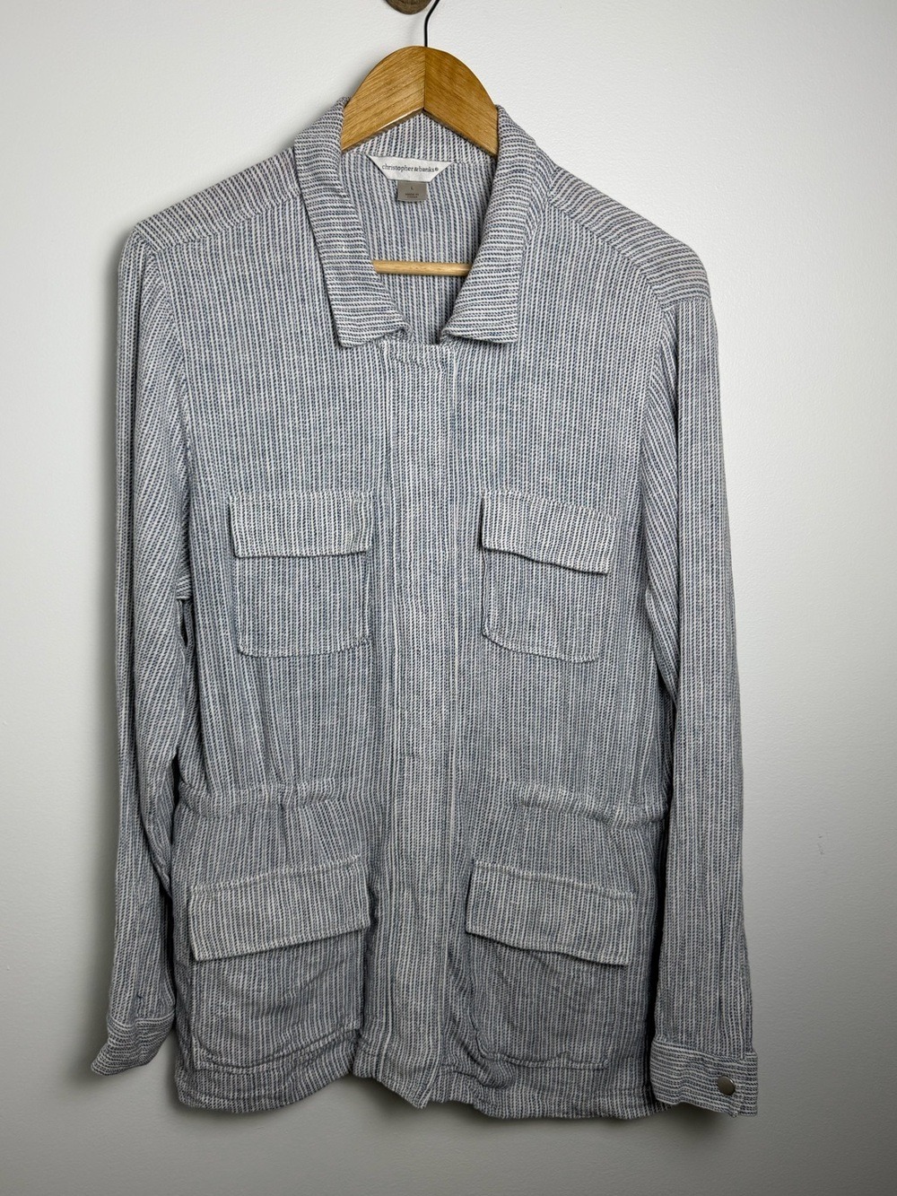 Christopher & Banks Coastal Linen Utility Jacket Blue Stripe L